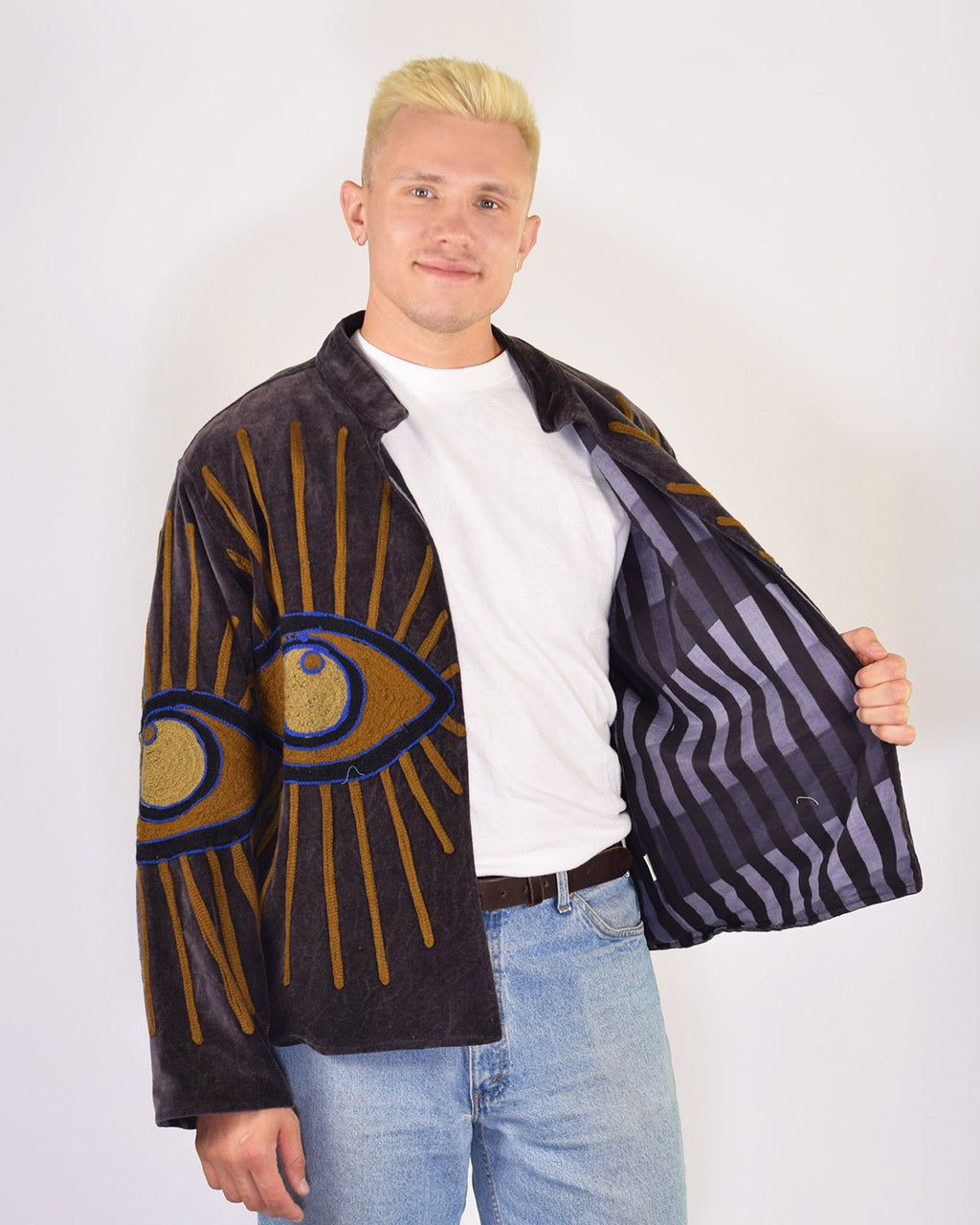 XL - Extended Sized - "Evil Eye" Suzani Embroidered Velvet Jacket/Cardigan - 04