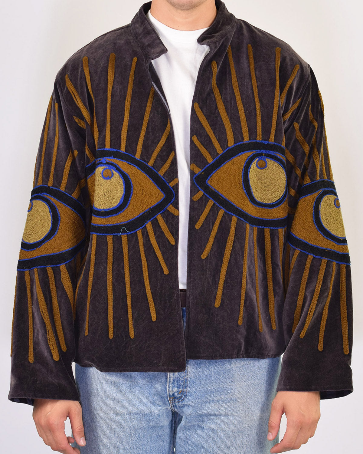 XL - Extended Sized - "Evil Eye" Suzani Embroidered Velvet Jacket/Cardigan - 04