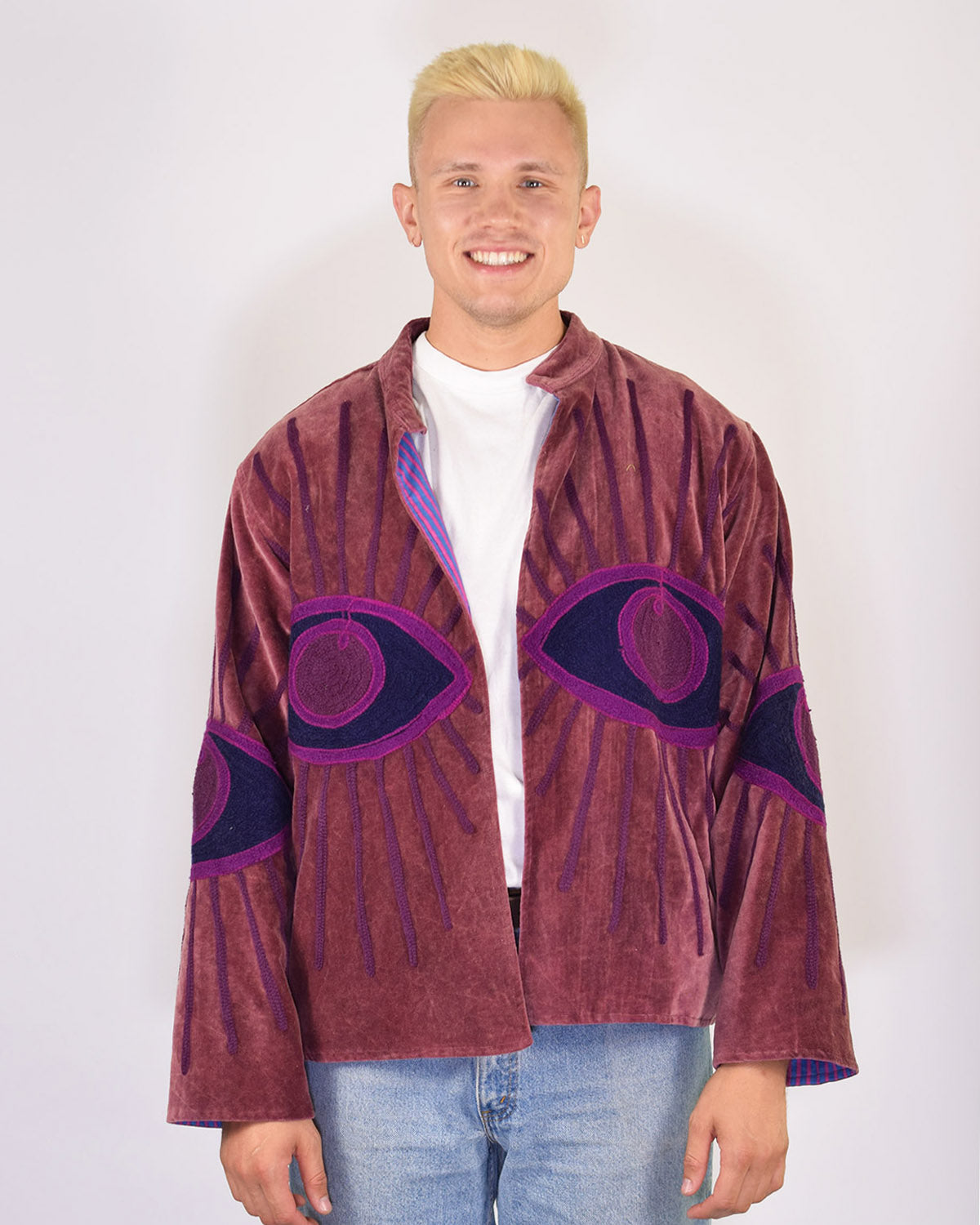 XL - Extended Sized - "Evil Eye" Suzani Embroidered Velvet Jacket/Cardigan - 05