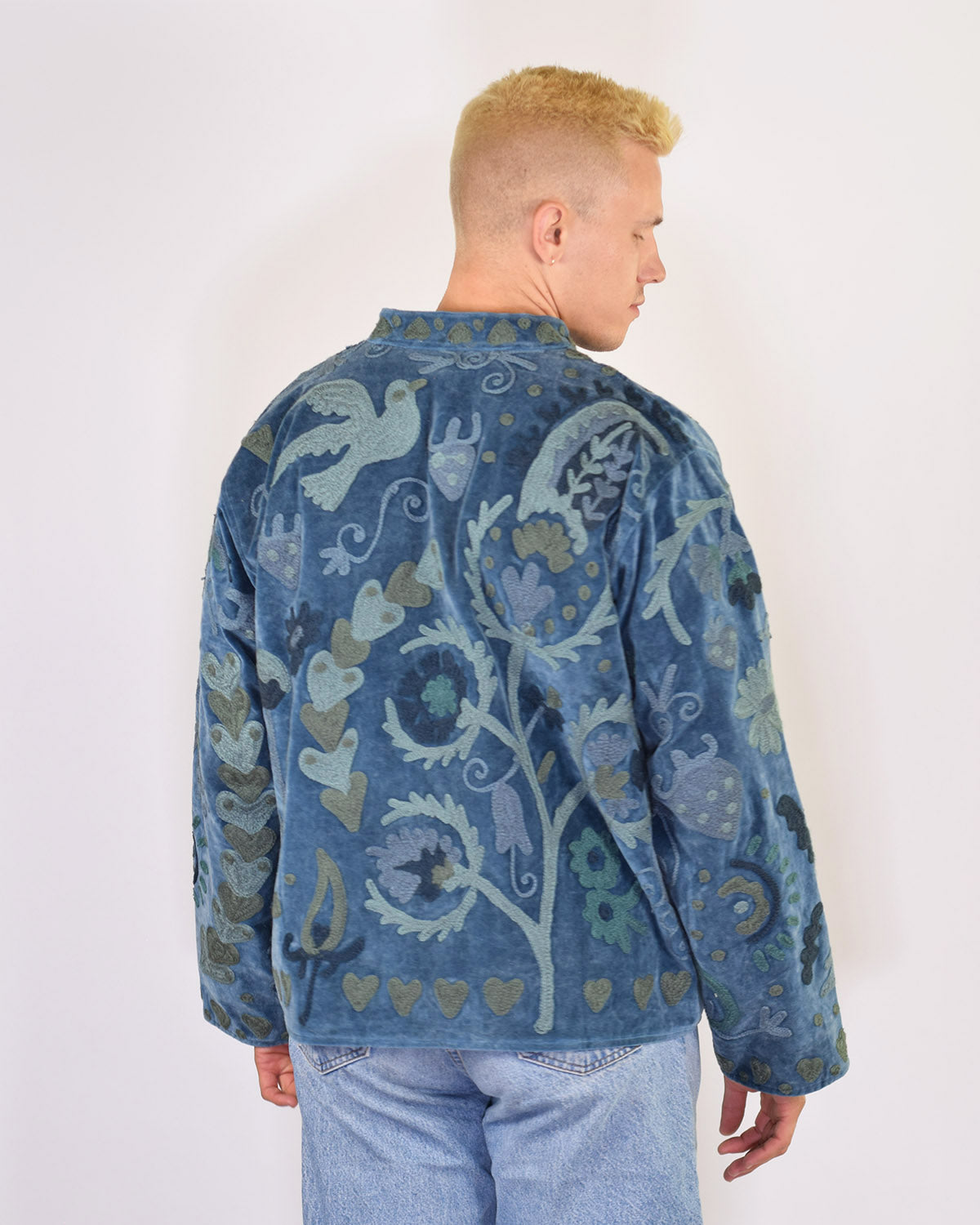 XL - Extended Sized - "Lovebirds" Suzani Embroidered Velvet Jacket/Cardigan - 01