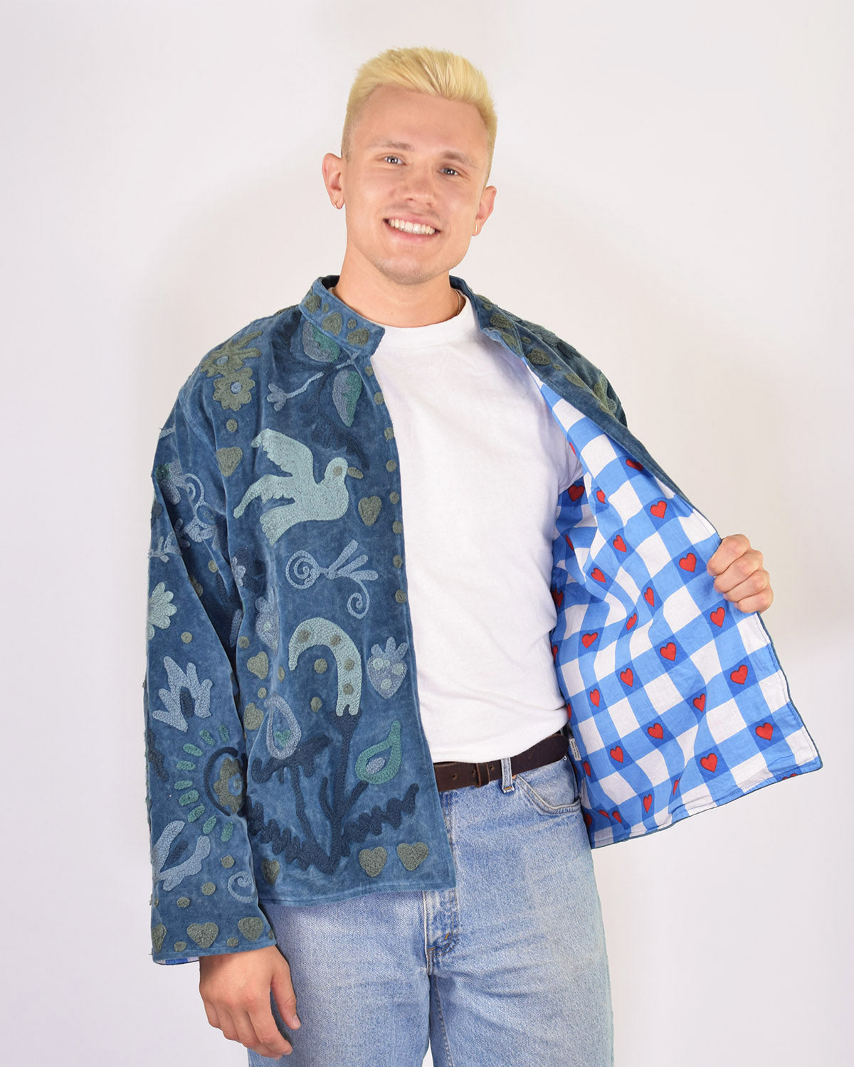 XL - Extended Sized - "Lovebirds" Suzani Embroidered Velvet Jacket/Cardigan - 01