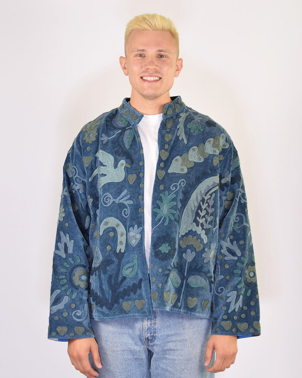XL - Extended Sized - "Lovebirds" Suzani Embroidered Velvet Jacket/Cardigan - 01