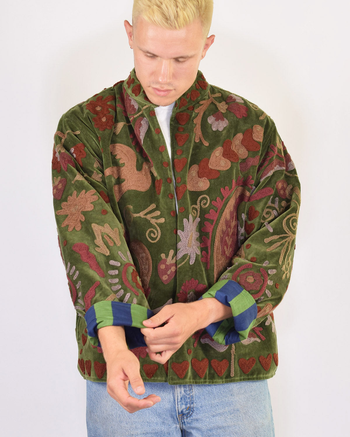 XL - Extended Sized - "Lovebirds" Suzani Embroidered Velvet Jacket/Cardigan - 02