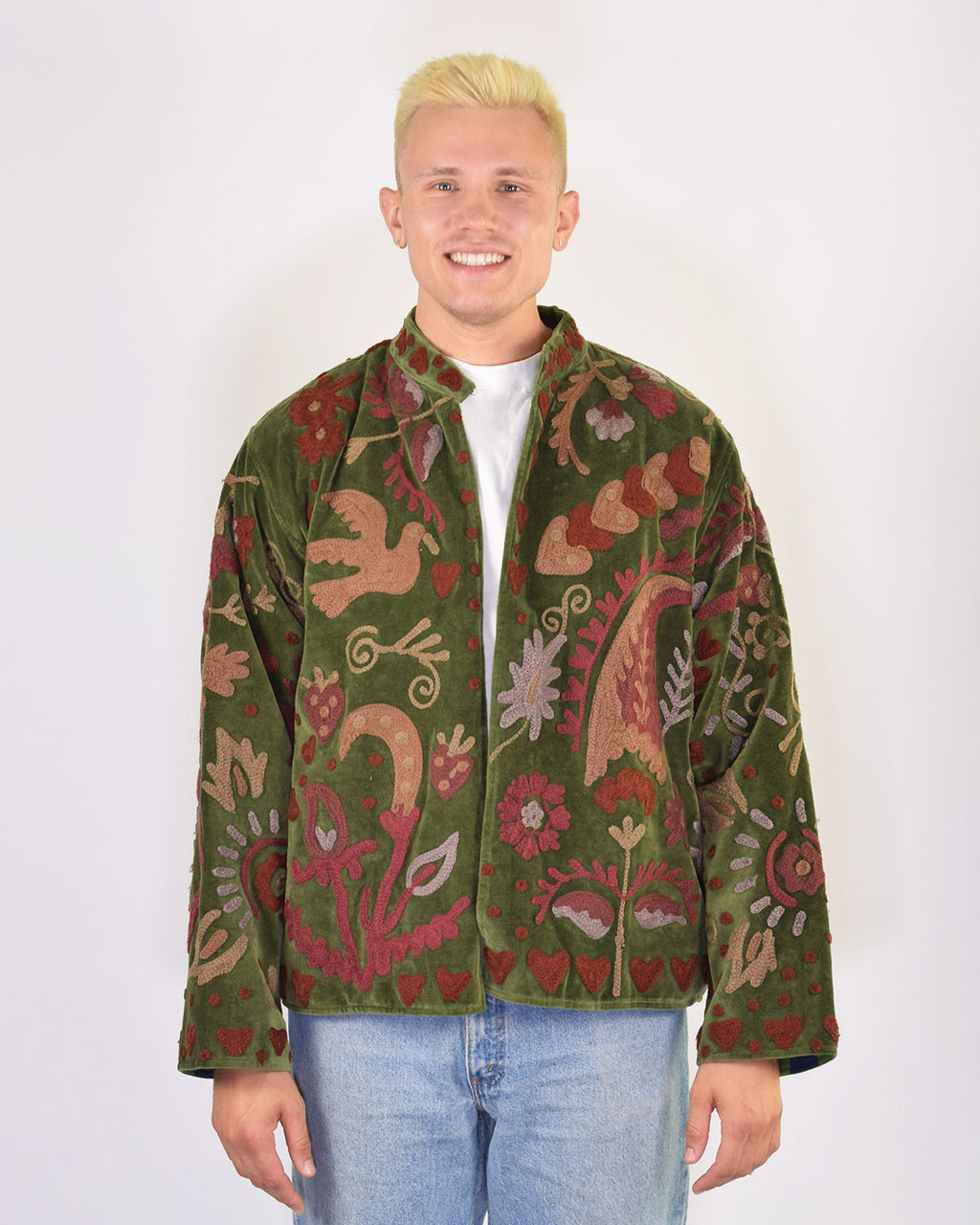 XL - Extended Sized - "Lovebirds" Suzani Embroidered Velvet Jacket/Cardigan - 02