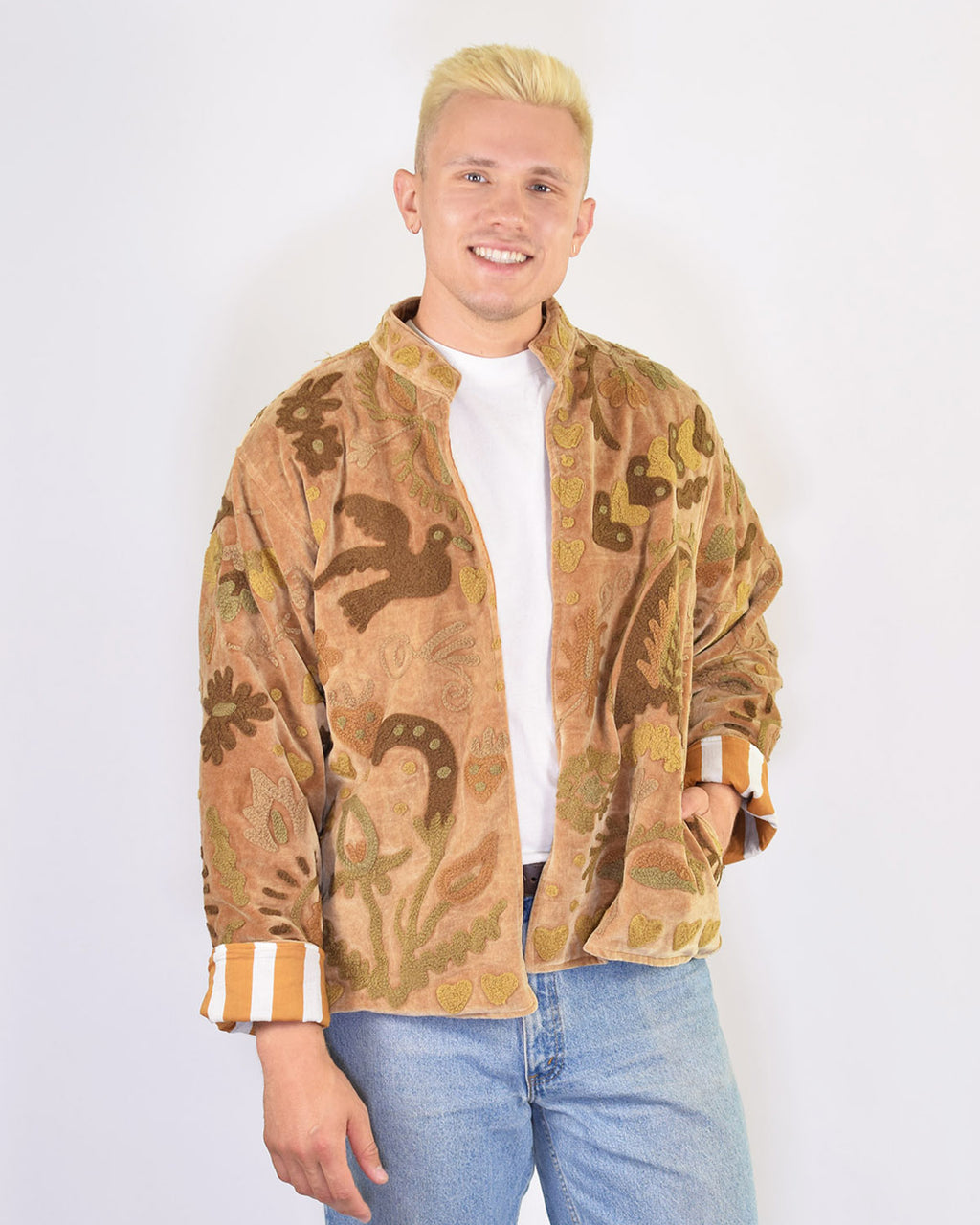 XL - Extended Sized - "Lovebirds" Suzani Embroidered Velvet Jacket/Cardigan - 03