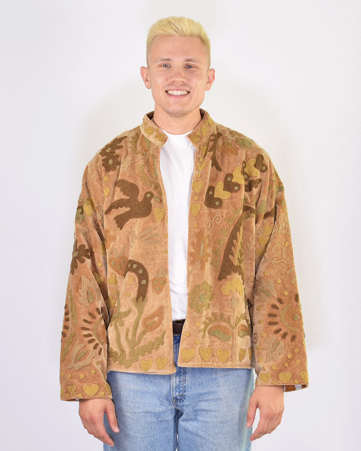 XL - Extended Sized - "Lovebirds" Suzani Embroidered Velvet Jacket/Cardigan - 03
