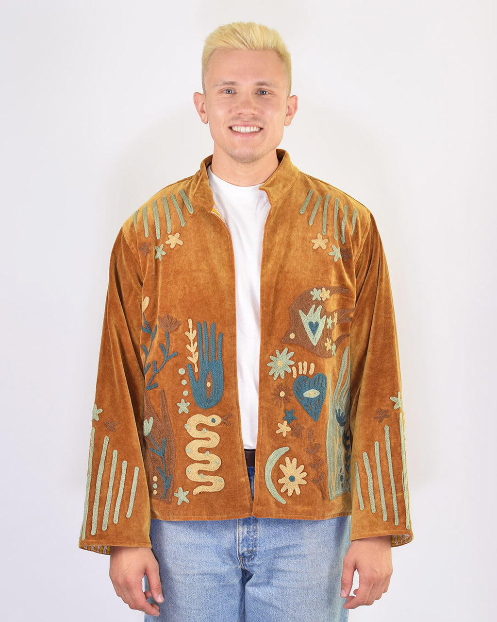 XL - Extended Sized - "Peace & Love" Suzani Embroidered Velvet Jacket/Cardigan - 01
