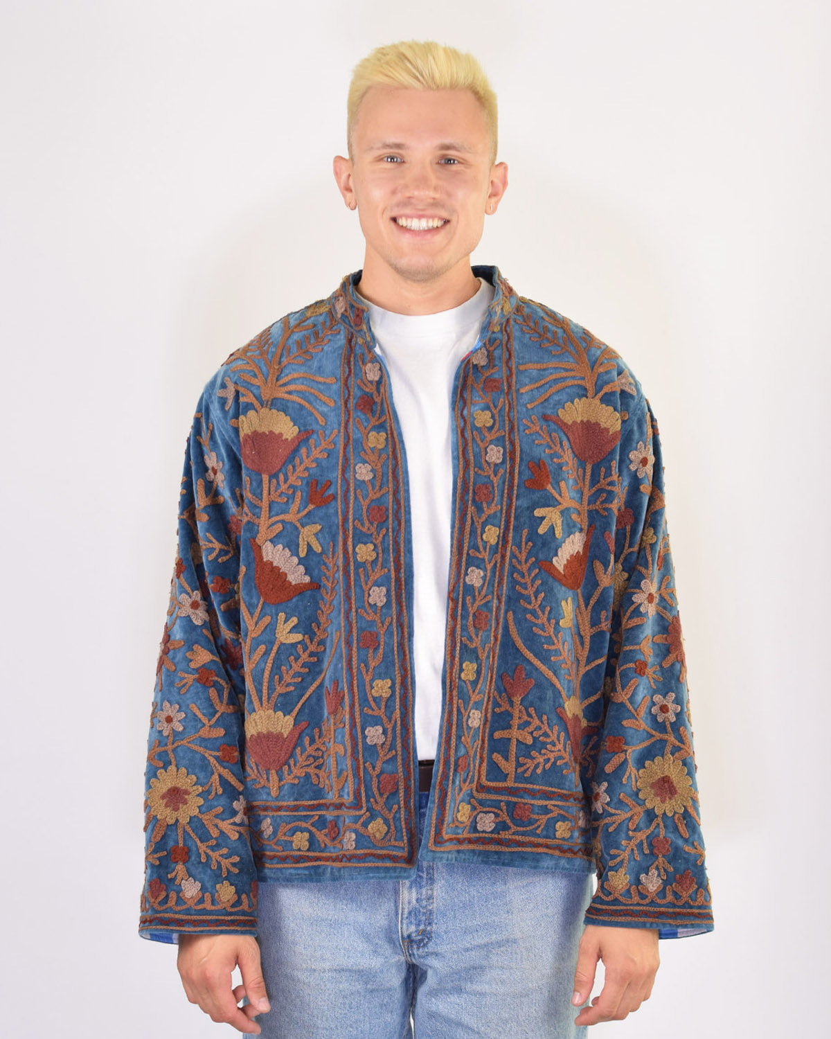 XL - Extended Sized - "Boho Blooms" Suzani Embroidered Velvet Jacket/Cardigan - 01