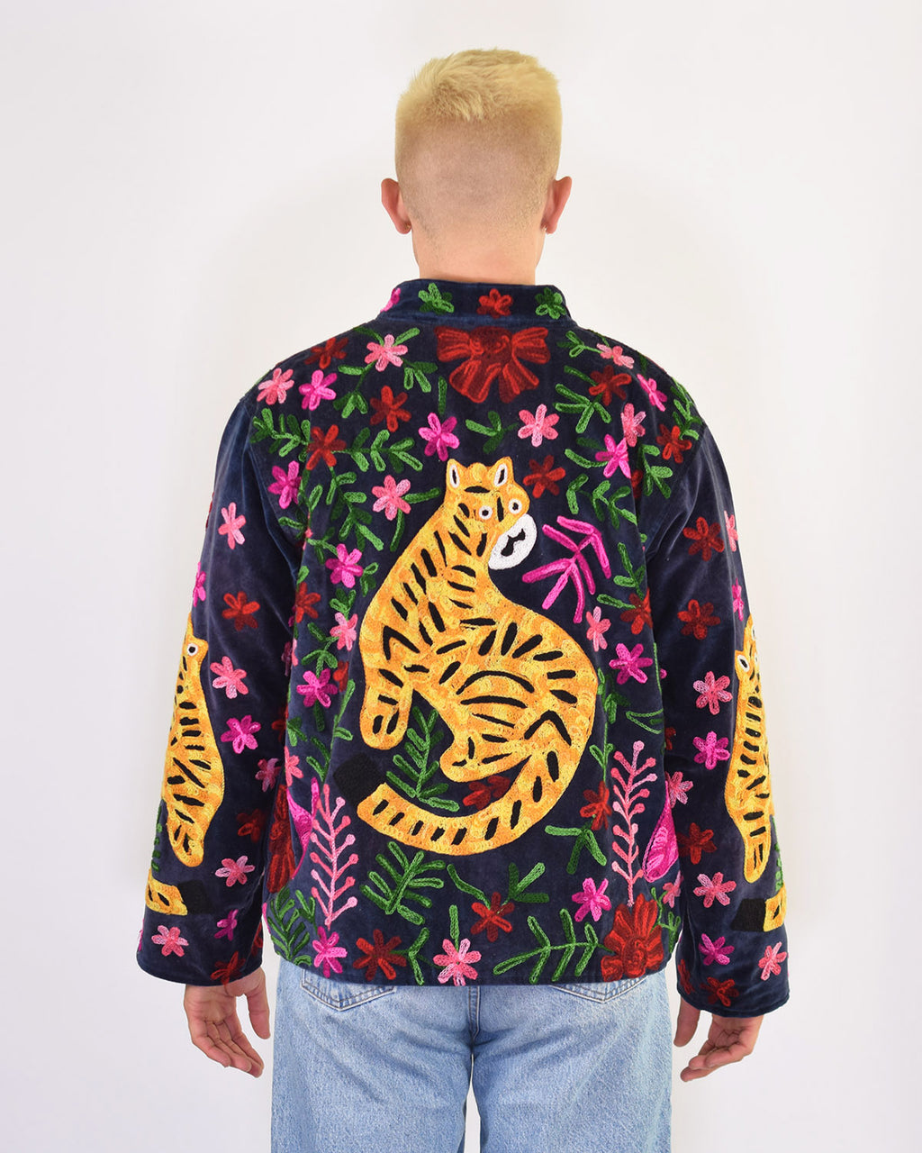 XL - Extended Sized - "Tiger Tribe" Suzani Embroidered Velvet Jacket/Cardigan - Navy Blue