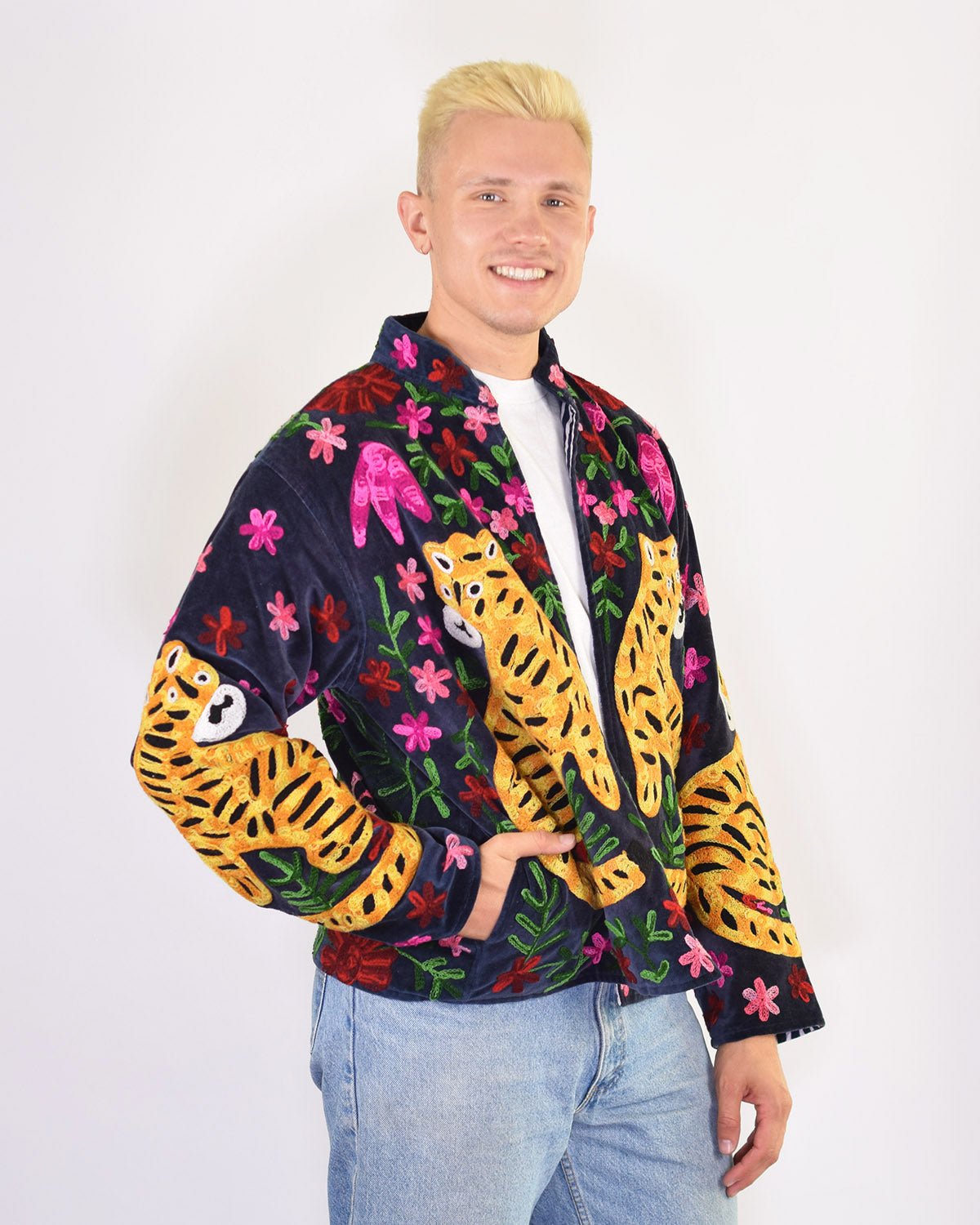 XL - Extended Sized - "Tiger Tribe" Suzani Embroidered Velvet Jacket/Cardigan - Navy Blue