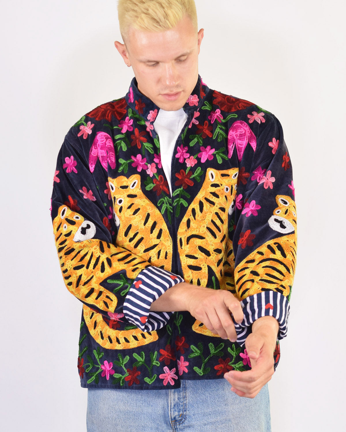 XL - Extended Sized - "Tiger Tribe" Suzani Embroidered Velvet Jacket/Cardigan - Navy Blue