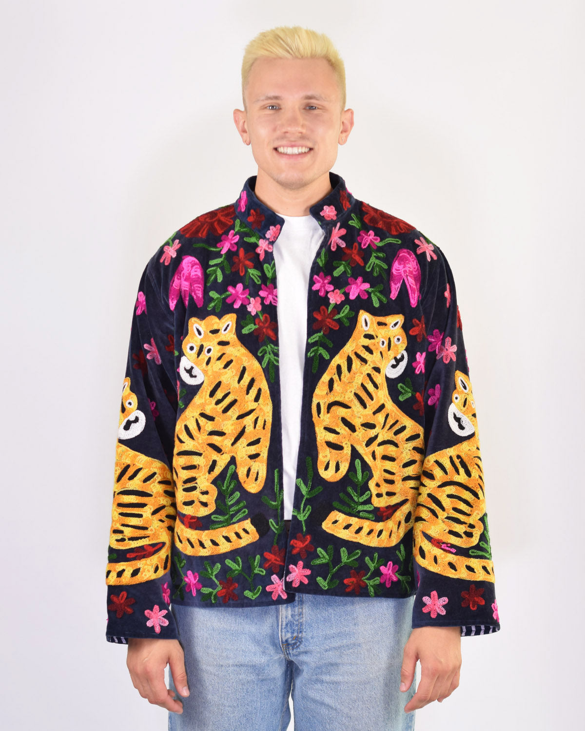XL - Extended Sized - "Tiger Tribe" Suzani Embroidered Velvet Jacket/Cardigan - Navy Blue