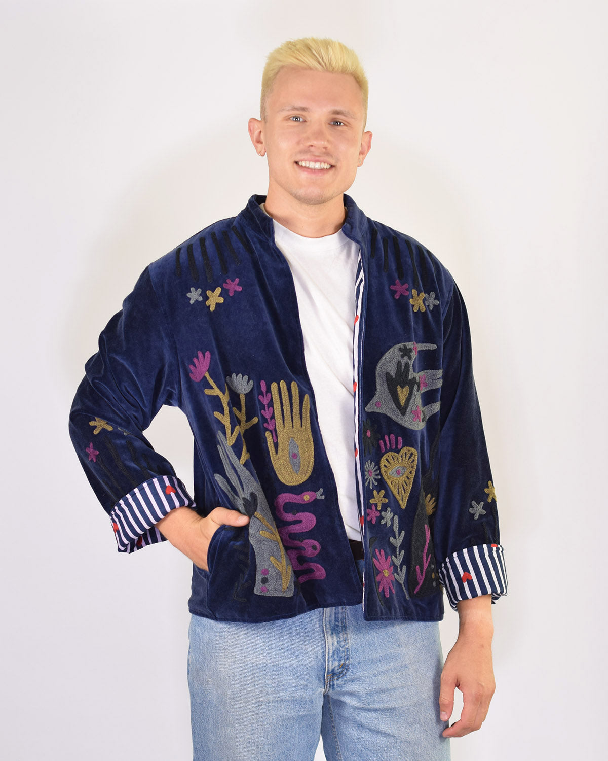 XL - Extended Sized - "Peace & Love" Suzani Embroidered Velvet Jacket/Cardigan - 03