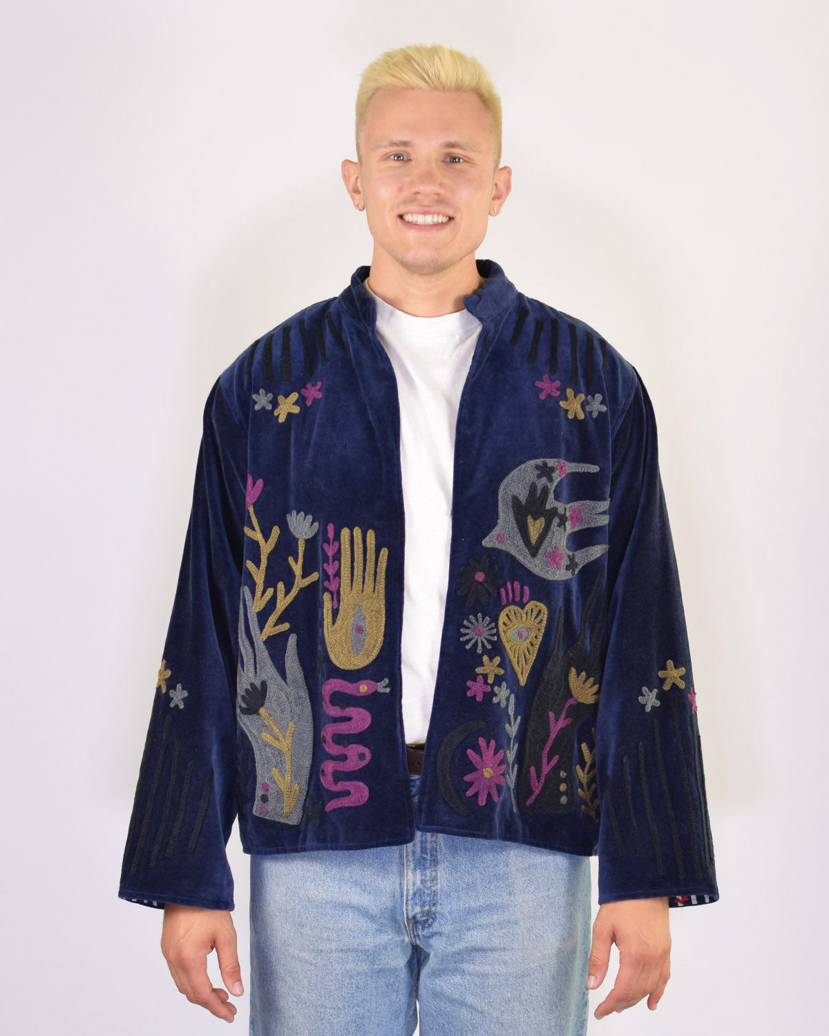 XL - Extended Sized - "Peace & Love" Suzani Embroidered Velvet Jacket/Cardigan - 03
