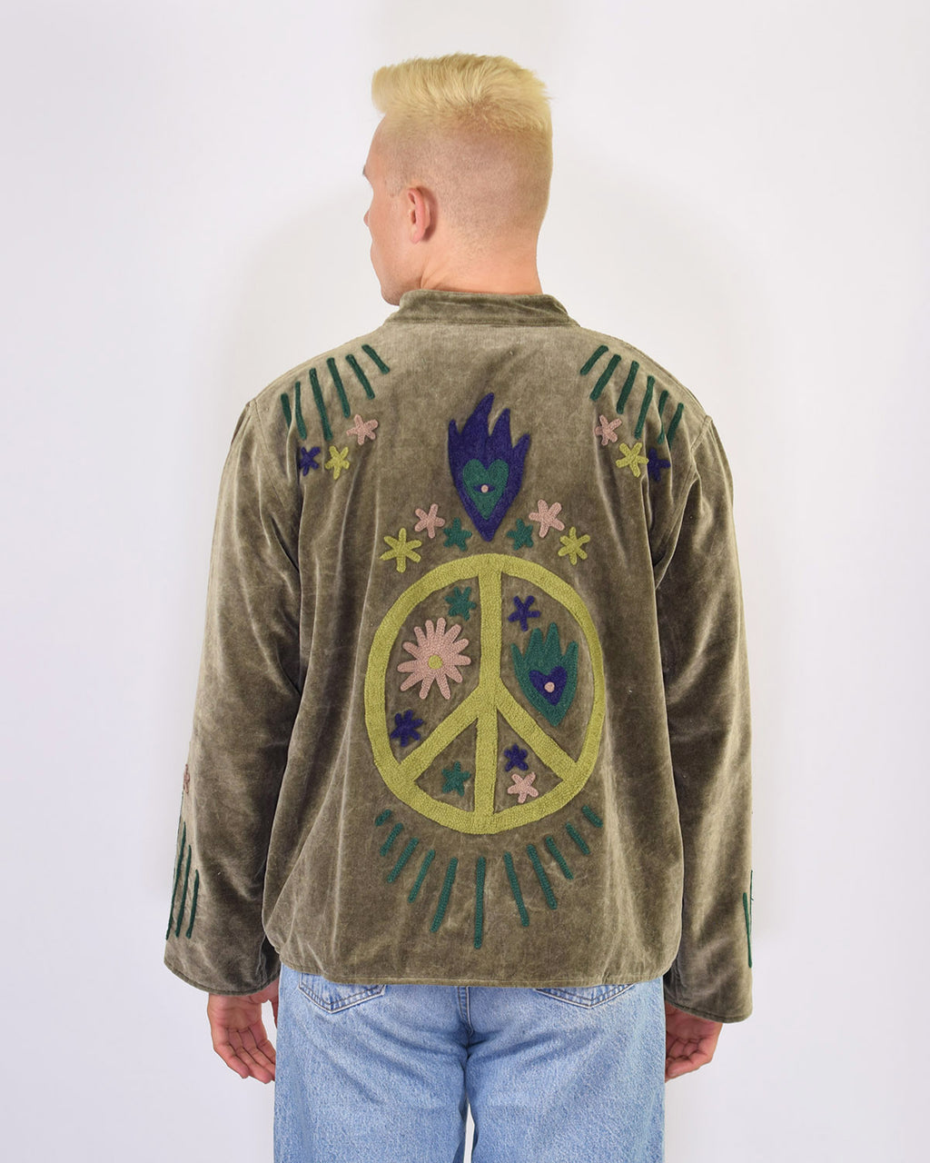 XL - Extended Sized - "Peace & Love" Suzani Embroidered Velvet Jacket/Cardigan - 04