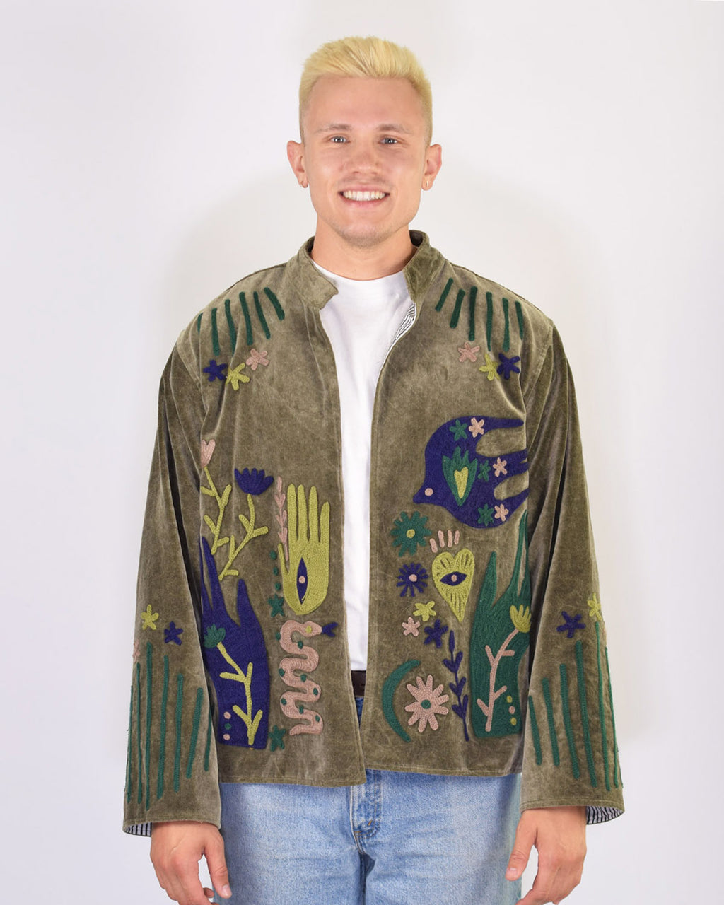 XL - Extended Sized - "Peace & Love" Suzani Embroidered Velvet Jacket/Cardigan - 04
