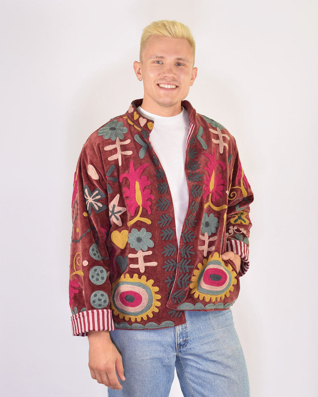 XL - Extended Sized - "Mountain of Love" Suzani Embroidered Velvet Jacket/Cardigan - 04