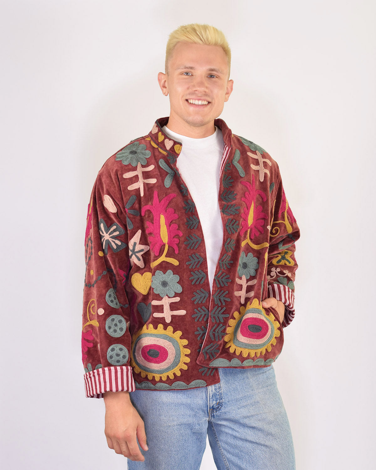 XL - Extended Sized - "Mountain of Love" Suzani Embroidered Velvet Jacket/Cardigan - 04