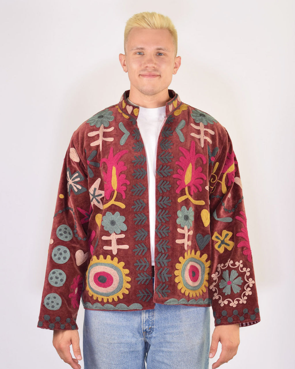 XL - Extended Sized - "Mountain of Love" Suzani Embroidered Velvet Jacket/Cardigan - 04