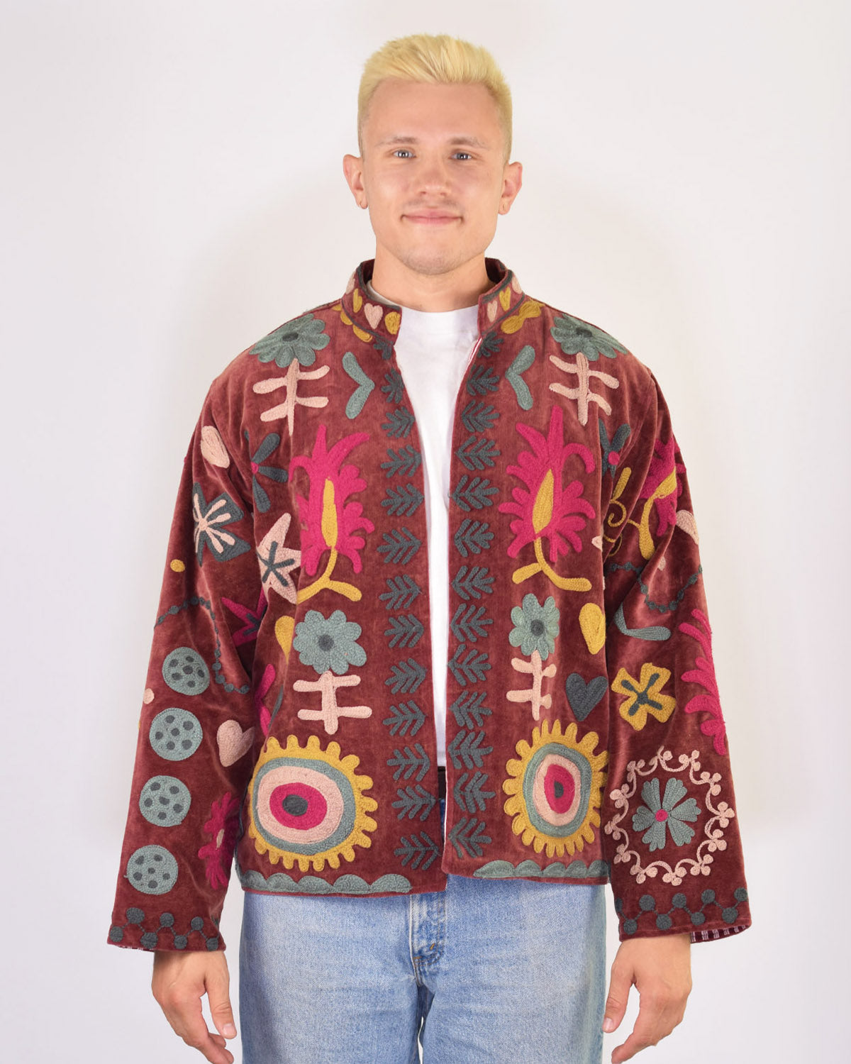 XL - Extended Sized - "Mountain of Love" Suzani Embroidered Velvet Jacket/Cardigan - 04