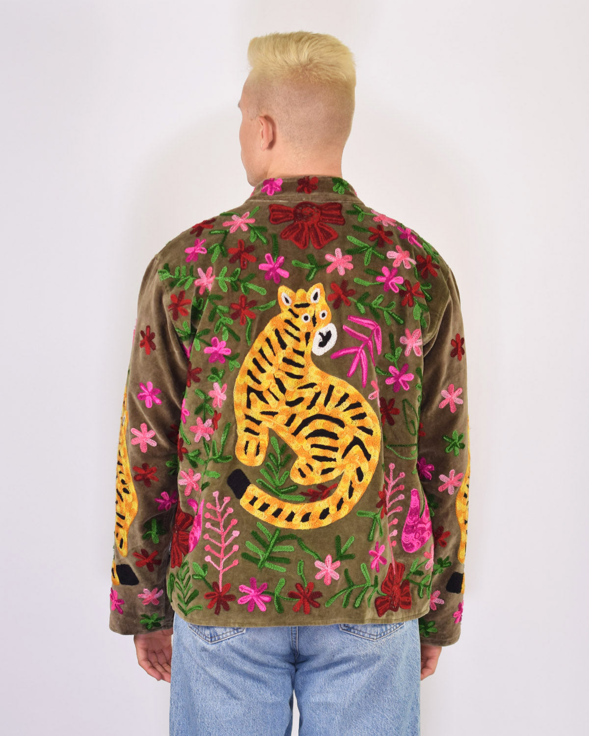 XL - Extended Sized - "Tiger Tribe" Suzani Embroidered Velvet Jacket/Cardigan - Mocha