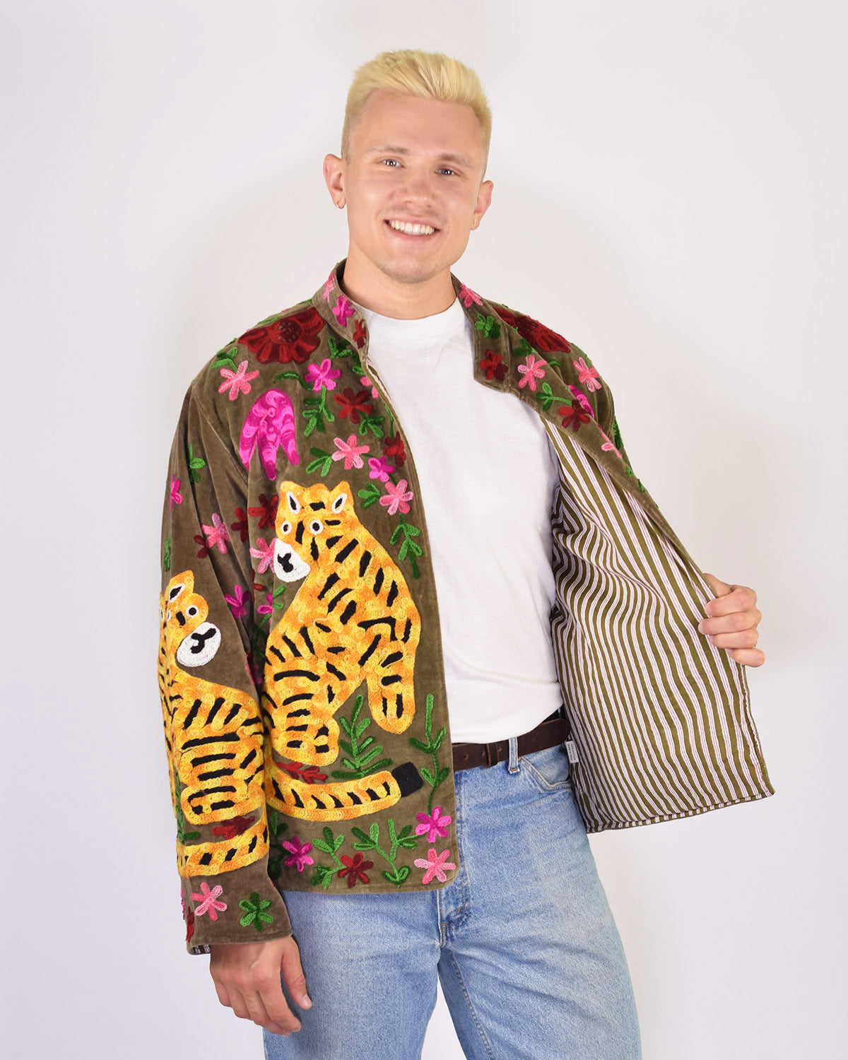 XL - Extended Sized - "Tiger Tribe" Suzani Embroidered Velvet Jacket/Cardigan - Mocha