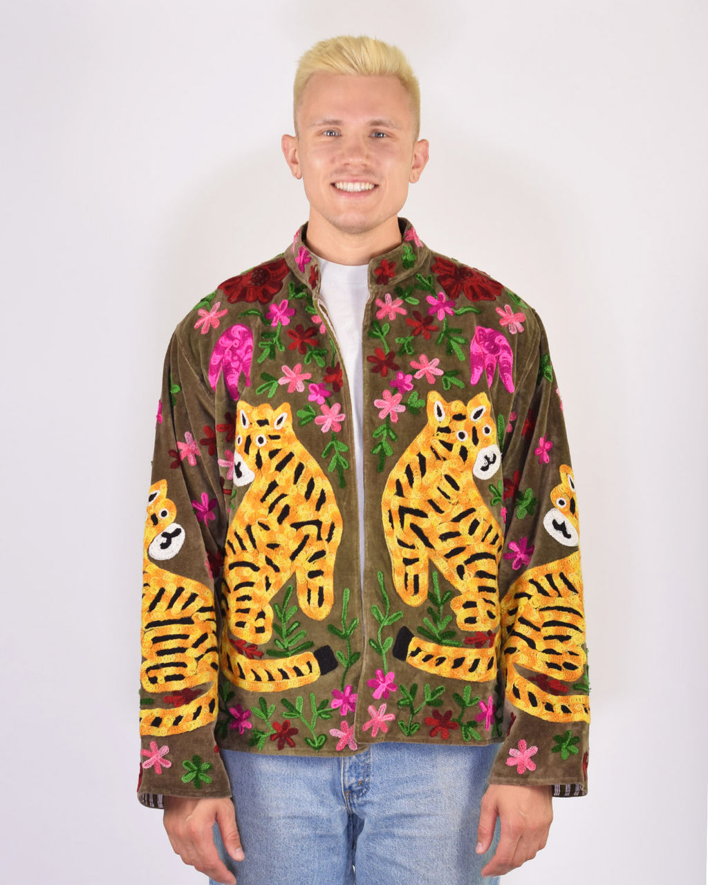 XL - Extended Sized - "Tiger Tribe" Suzani Embroidered Velvet Jacket/Cardigan - Mocha