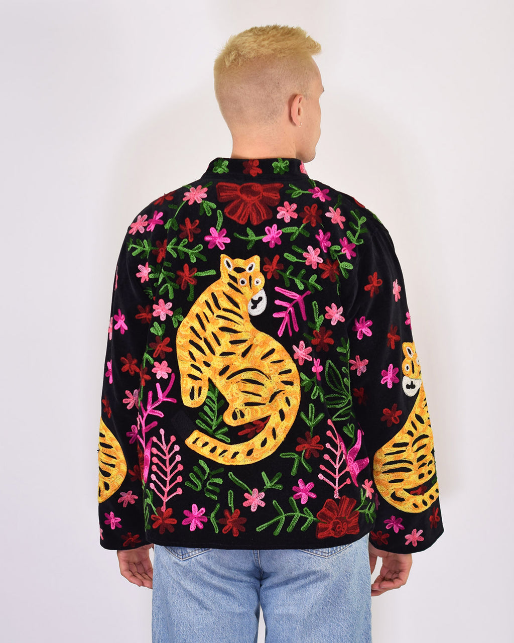 XL - Extended Sized - "Tiger Tribe" Suzani Embroidered Velvet Jacket/Cardigan - Black