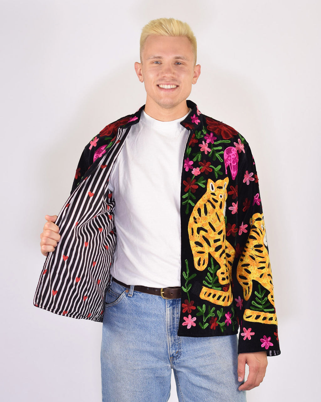 XL - Extended Sized - "Tiger Tribe" Suzani Embroidered Velvet Jacket/Cardigan - Black