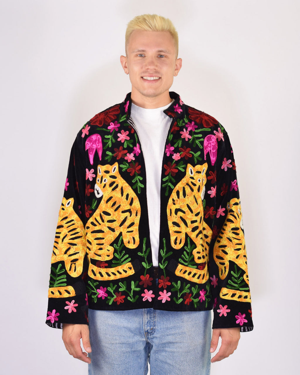 XL - Extended Sized - "Tiger Tribe" Suzani Embroidered Velvet Jacket/Cardigan - Black