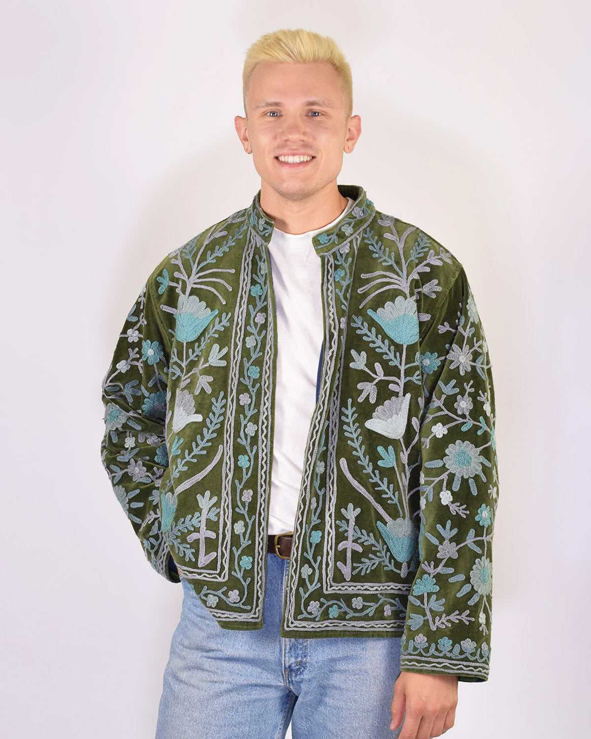XL - Extended Sized - "Boho Blooms" Suzani Embroidered Velvet Jacket/Cardigan - 03