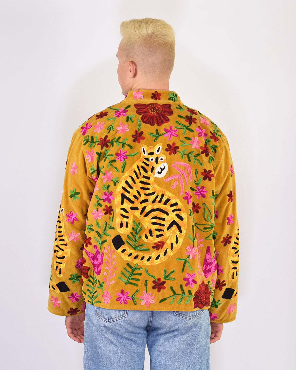XL - Extended Sized - "Tiger Tribe" Suzani Embroidered Velvet Jacket/Cardigan - Gold