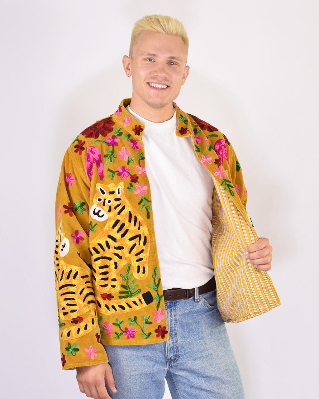 XL - Extended Sized - "Tiger Tribe" Suzani Embroidered Velvet Jacket/Cardigan - Gold