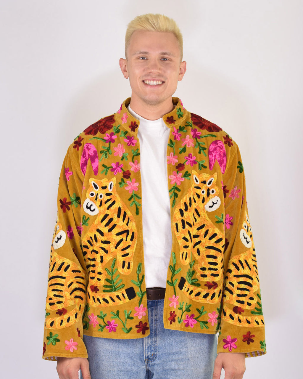 XL - Extended Sized - "Tiger Tribe" Suzani Embroidered Velvet Jacket/Cardigan - Gold