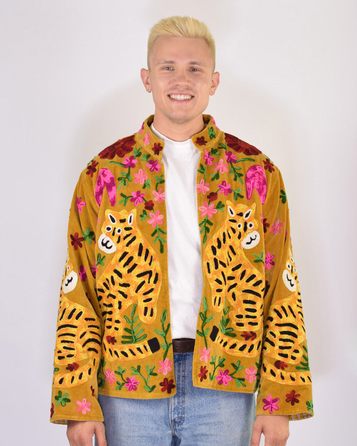 XL - Extended Sized - "Tiger Tribe" Suzani Embroidered Velvet Jacket/Cardigan - Gold