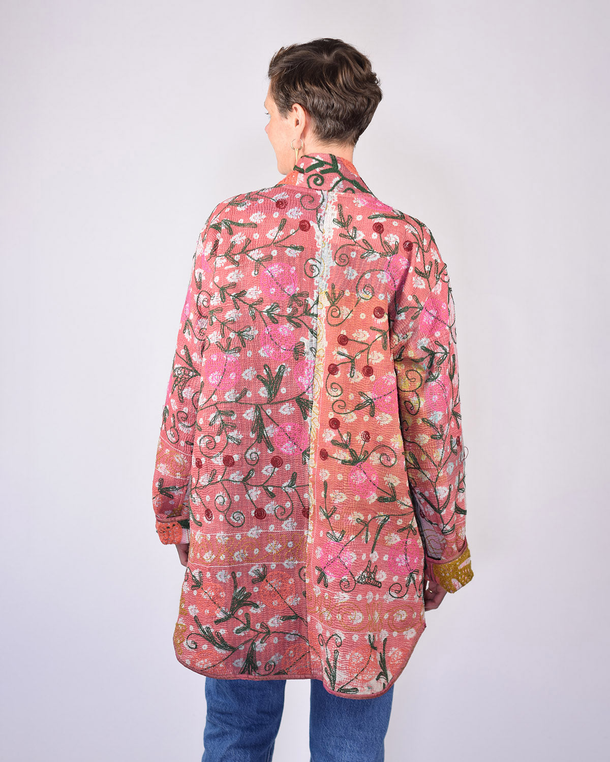 Frankie Long Quilted Reversible Patchwork Kantha Jacket -11