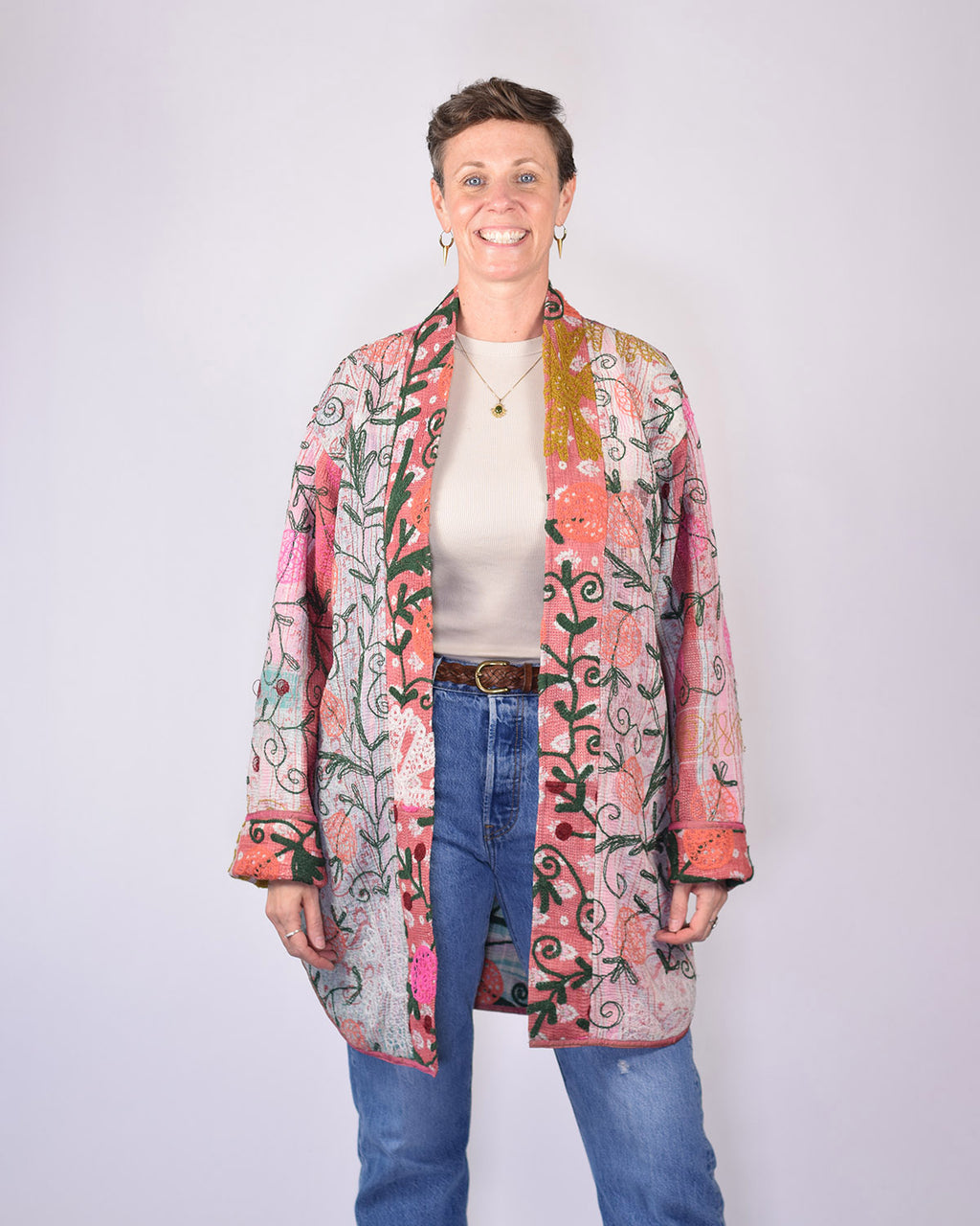 Frankie Long Quilted Reversible Patchwork Kantha Jacket -11