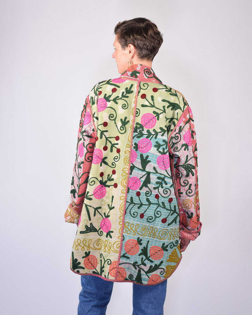Frankie Long Quilted Reversible Patchwork Kantha Jacket -11