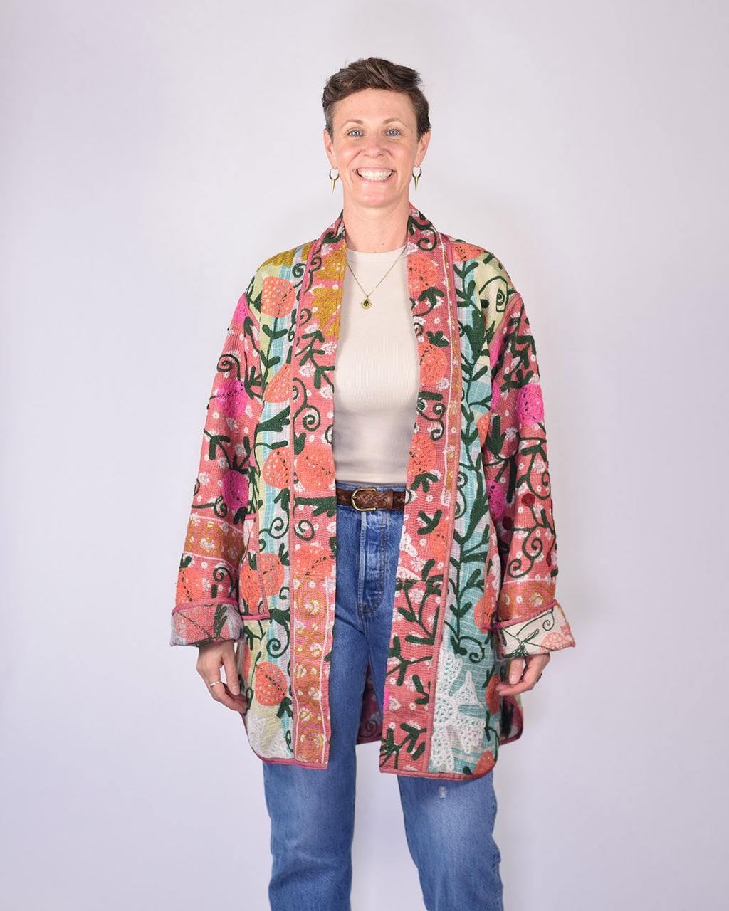 Frankie Long Quilted Reversible Patchwork Kantha Jacket -11