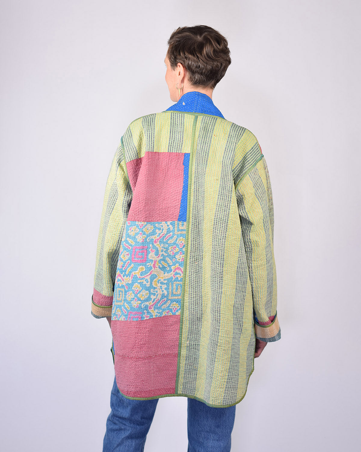 Frankie Long Quilted Reversible Patchwork Kantha Jacket -12