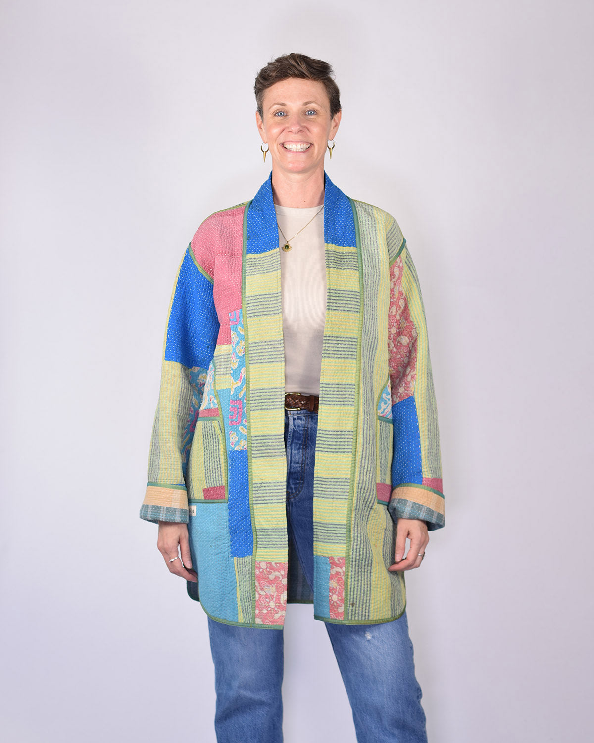 Frankie Long Quilted Reversible Patchwork Kantha Jacket -12