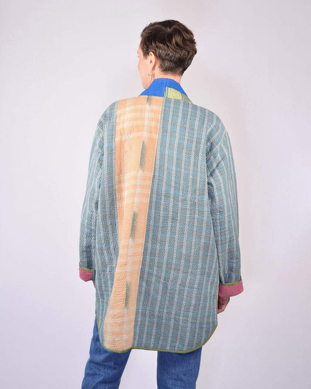 Frankie Long Quilted Reversible Patchwork Kantha Jacket -12