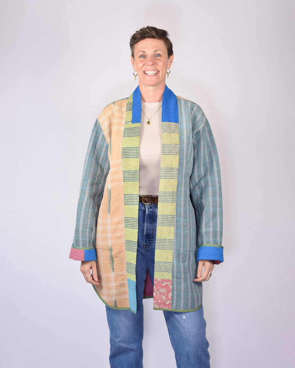Frankie Long Quilted Reversible Patchwork Kantha Jacket -12