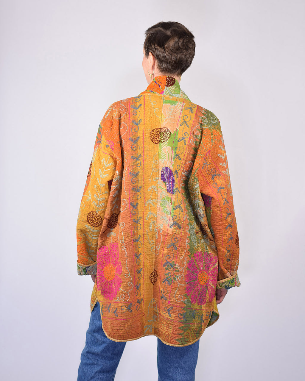 Frankie Long Quilted Reversible Patchwork Kantha Jacket - 02