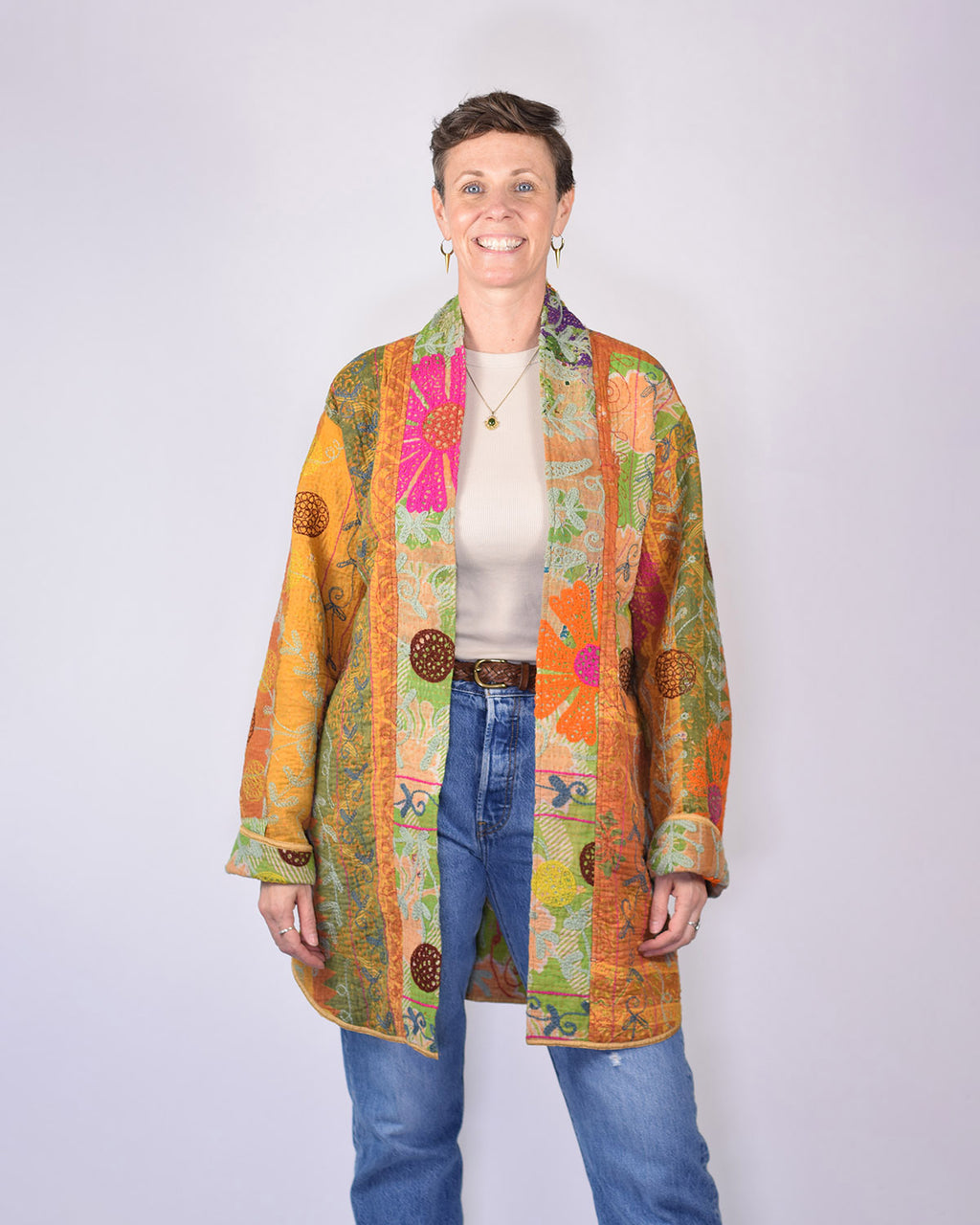 Frankie Long Quilted Reversible Patchwork Kantha Jacket - 02