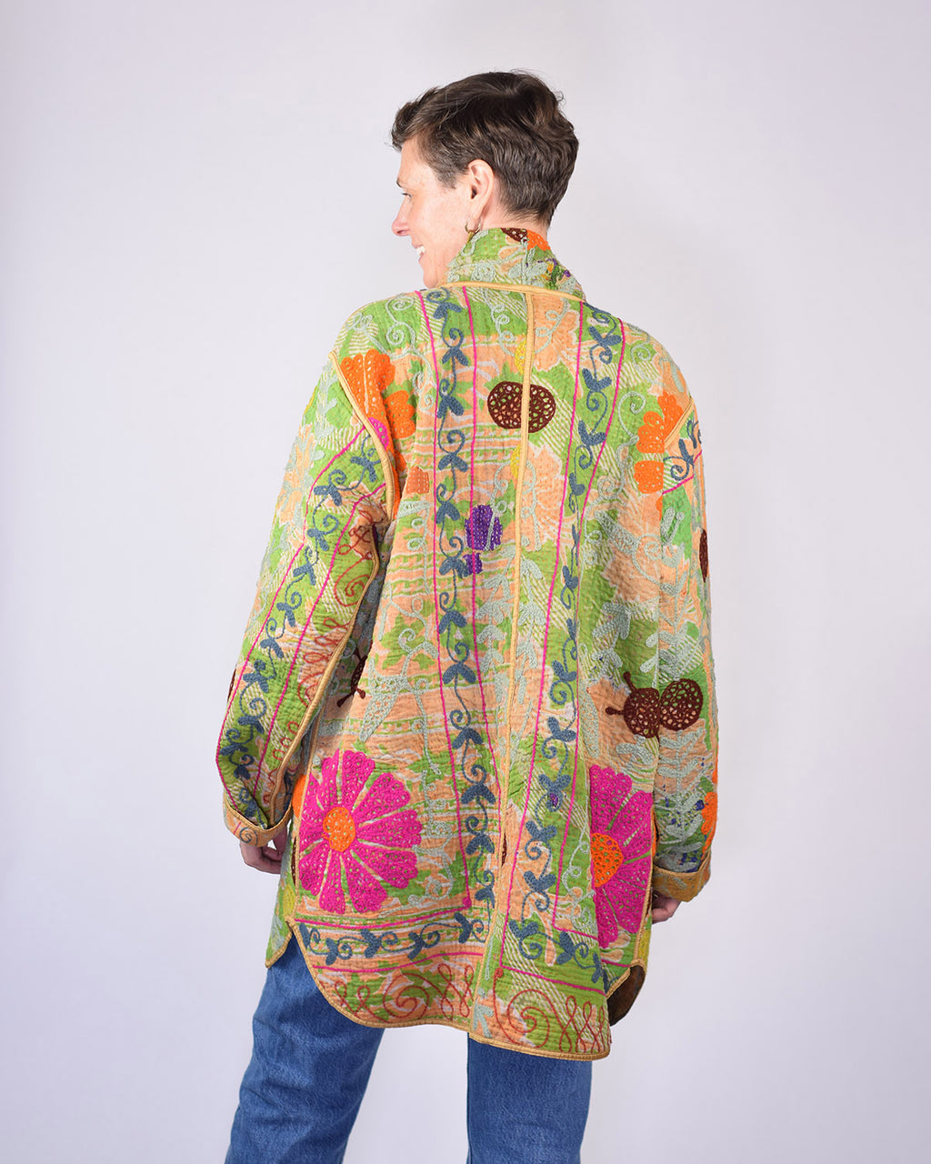Frankie Long Quilted Reversible Patchwork Kantha Jacket - 02