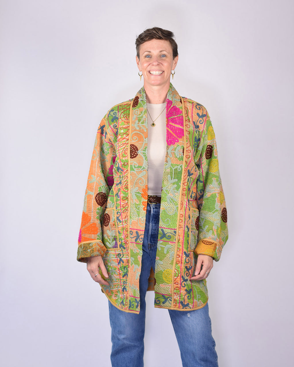 Frankie Long Quilted Reversible Patchwork Kantha Jacket - 02