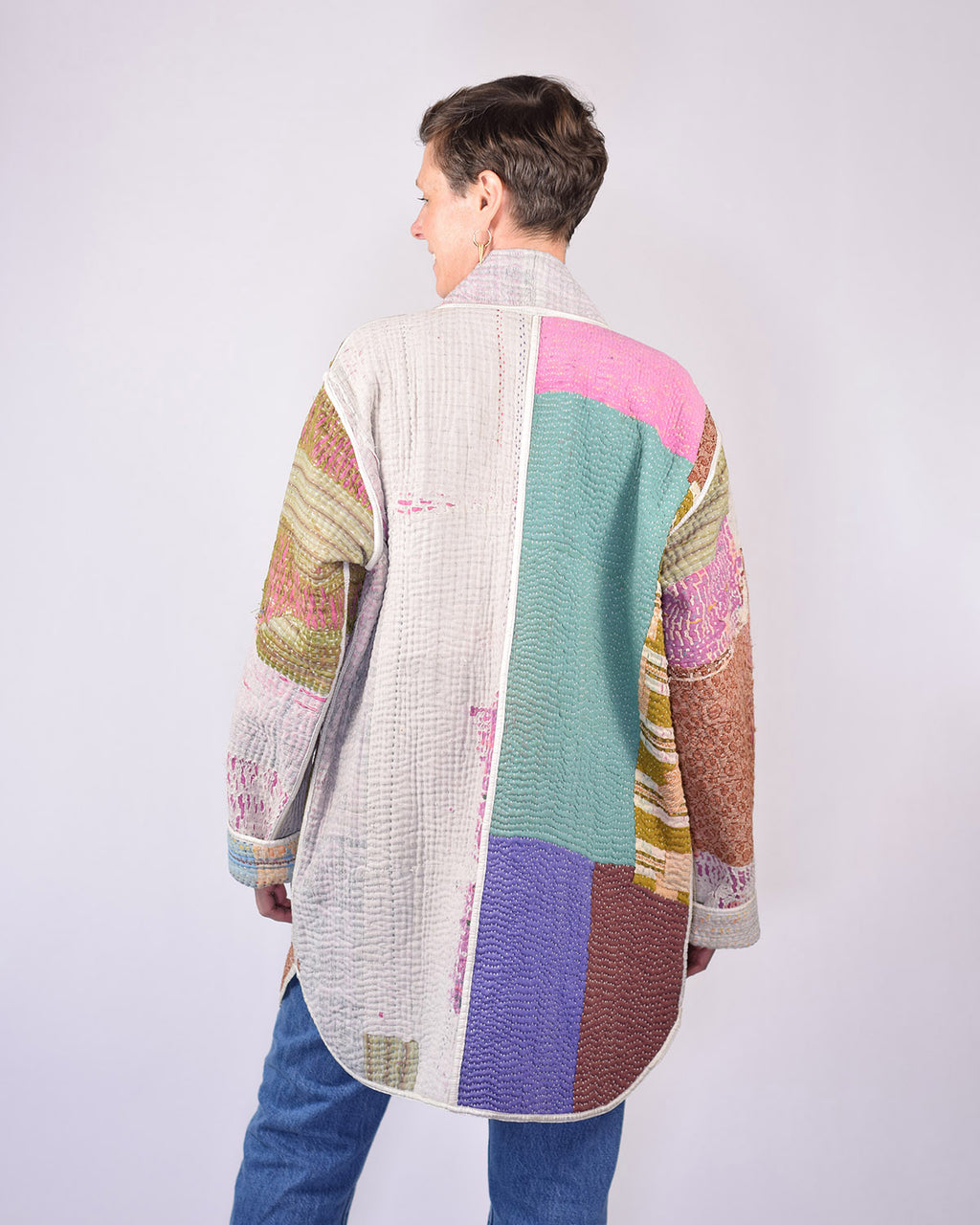 Frankie Long Quilted Reversible Patchwork Kantha Jacket - 08