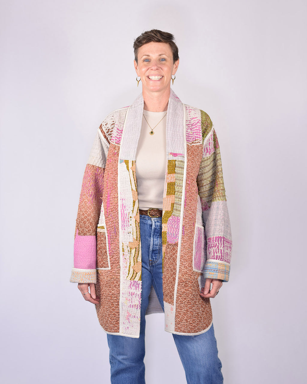 Frankie Long Quilted Reversible Patchwork Kantha Jacket - 08