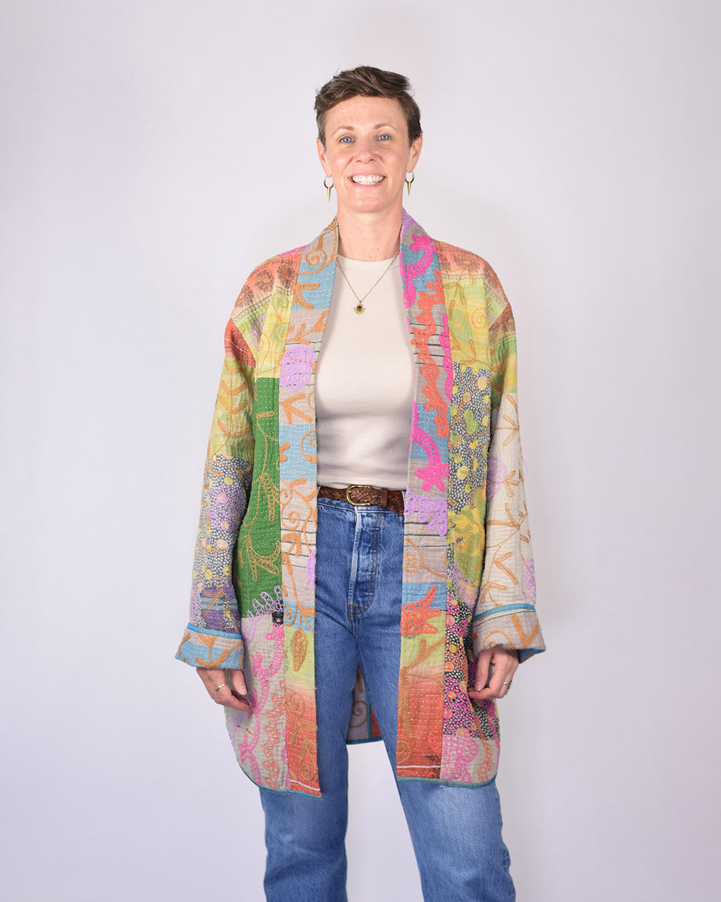 Frankie Long Quilted Reversible Patchwork Kantha Jacket - 04
